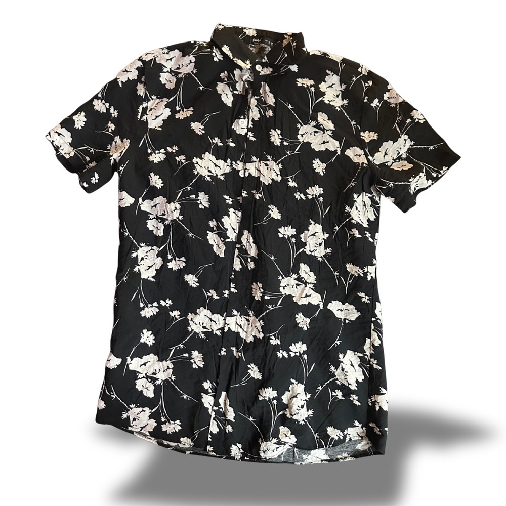 Floral Black and White Men's Button Down, Button Up Collar, Collared Shirt Gay